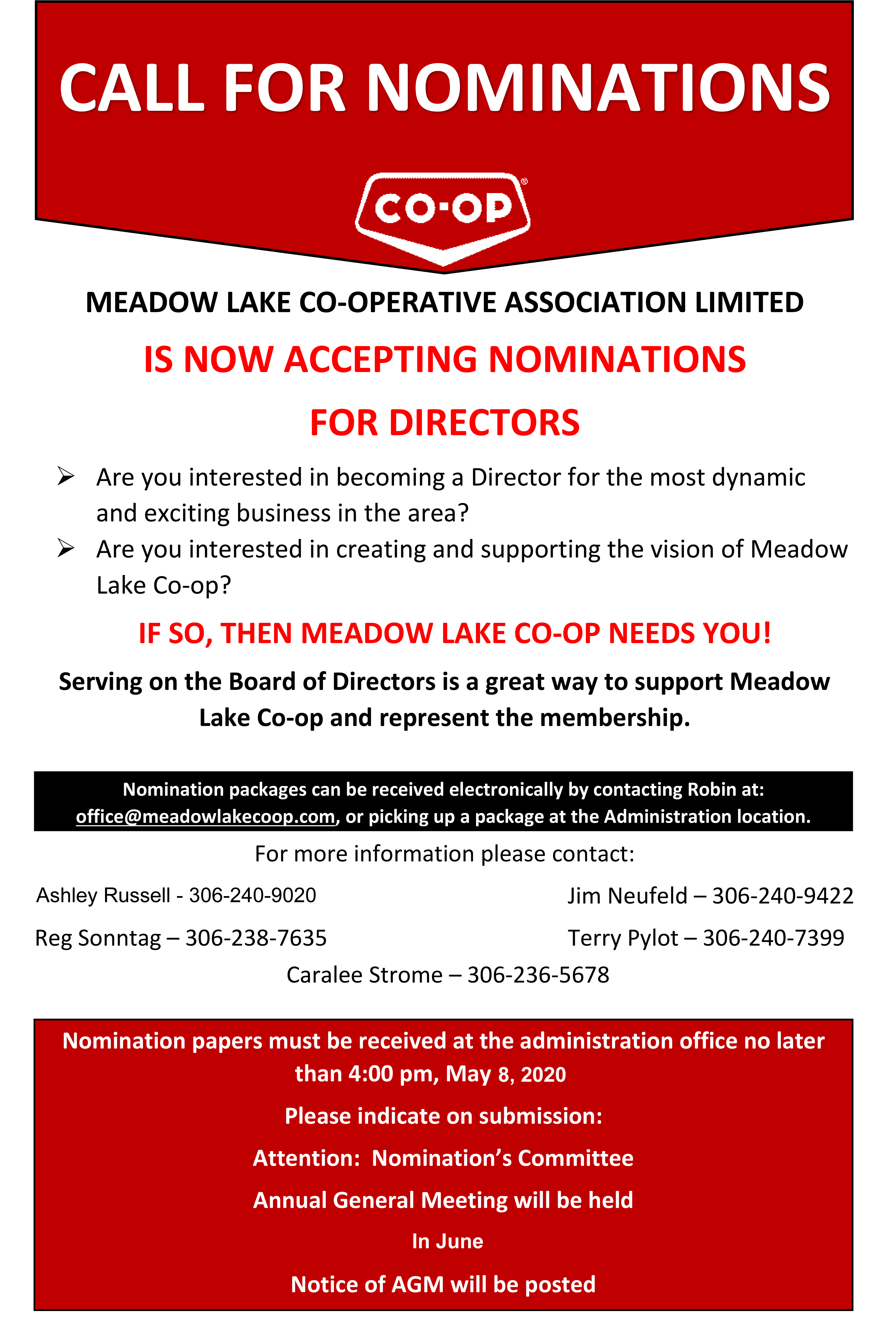 Call for Nominations for Board of Directors Meadow Lake Coop